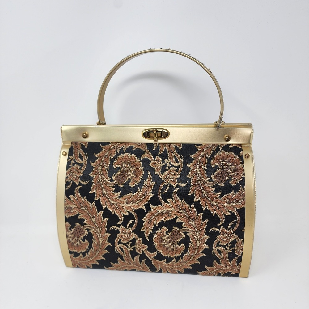 VTG 1950s Natalizio Of Miami Handbag‎ Gold Metal Brown Black Paisley Damask MCM